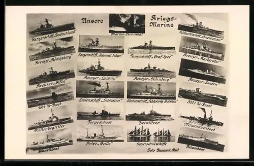 AK Unsere Kriegsmarine, U-Boote, Schlachtschiff Gneisenau, Panzerschiff Deutschland, Kreuzer, Linienschiffe, U-Boot U-29