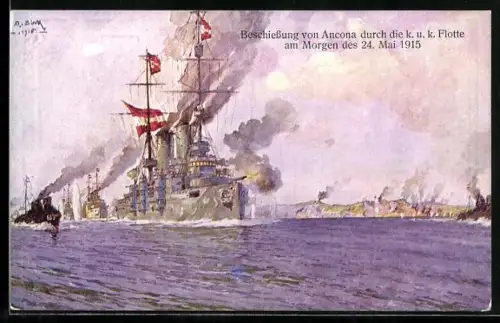 Künstler-AK Rotes Kreuz Nr. 187: Beschiessung von Ancona durch die k. u. k. Flotte am 24.5.1915