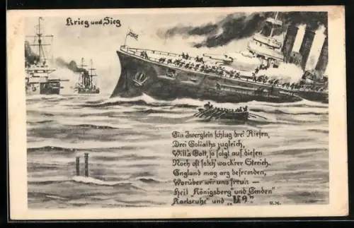 AK Krieg und Sieg, durch U-Boot U-9 torpedierter und sinkender britischer Panzerkreuzer Aboukir