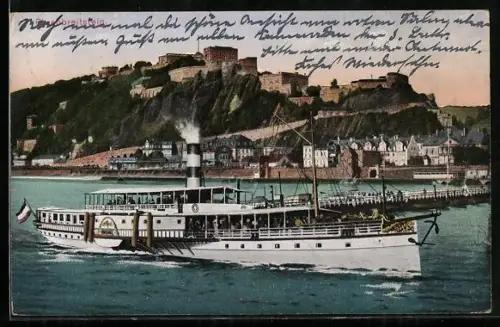 AK Ehrenbreitstein, Rheindampfer Undine passiert die Schiffsbrücke