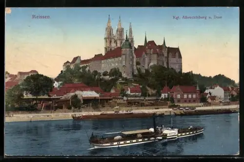 AK Meissen, Raddampfer Wettin auf der Elbe passiert die Albrechtsburg