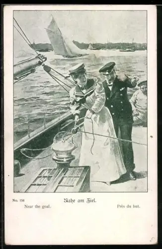 Künstler-AK Nahe am Ziel, Offizier in Uniform und Frau in Matrosenkleidung auf Segelyacht