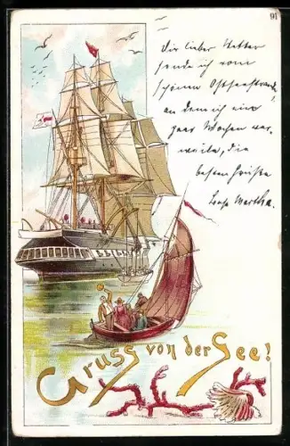 Lithographie Dreimast-Bark verlässt den Hafen, Bootspassagiere beim Grüssen