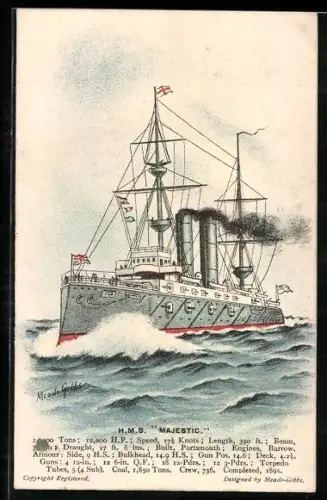 Künstler-AK Britisches Kriegsschiff HMS Majestic auf hoher See