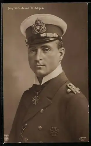 AK Kapitänleutnant Otto Weddigen mit EK I 1914 und Pour le Merite, Kommandant des U-Bootes U-9