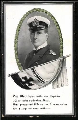 AK Ott Weddigen heisst der Kapitän, U 9 sein schlankes Boot, Reichskriegsflagge