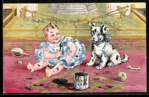 AK Kleines Kind mit Farbpinsel und skeptischer Terrier