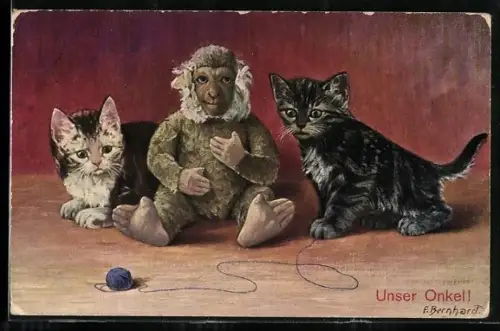 Künstler-AK zwei Katzen mit einem Plüschaffen, Spielzeug