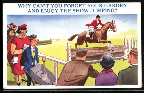 AK Begeisterter Gärtner u. Ehefrau beim Pferderennen, Karikatur