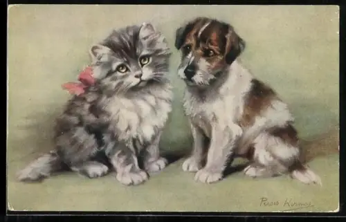 AK Kleine Katze und kleiner Hund einträchtig beisammen