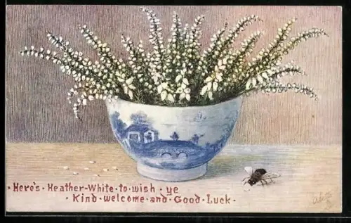 AK Schale mit weisser Heide und Biene, Glückwunschkarte