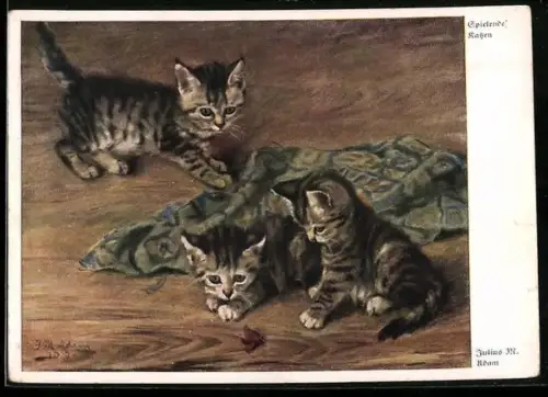 Künstler-AK Drei junge Katzen beim Spielen mit einem Schmetterling