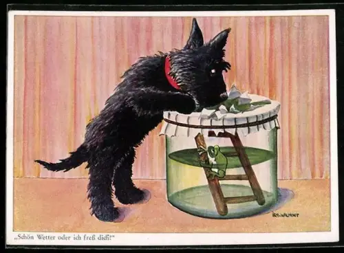 Künstler-AK sign. Irm. v. Walmont: Schön Wetter oder ich fress dich!, Scherz, Frosch und Terrier