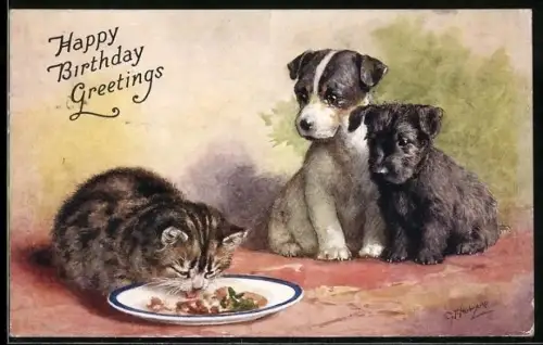 Künstler-AK Katze frisst, während zwei Hundewelpen zusehen