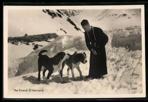 AK Grand St. Bernard, Geistlicher mit Bernhardinern im Schnee