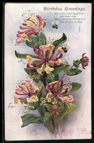 Künstler-AK Zwei Bienen fliegen um eine rosa blühende Blume