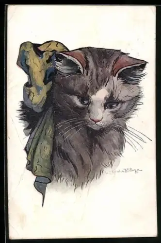 Künstler-AK Porträt einer grau-weissen Katze