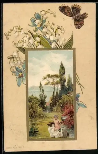 Lithographie Schmetterling fliegt auf Blumen zu, Halbnackte Dame am Bach