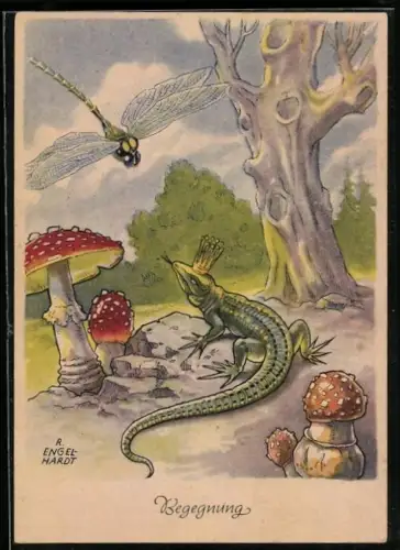 Künstler-AK Libelle steuert auf Echse zu