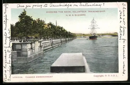 AK London, Thames Embankment, showing the Naval Volunteer Training Ship H. M. S. Buzzard