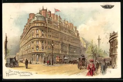 Lithographie London, Verkehr am Hotel Metropole