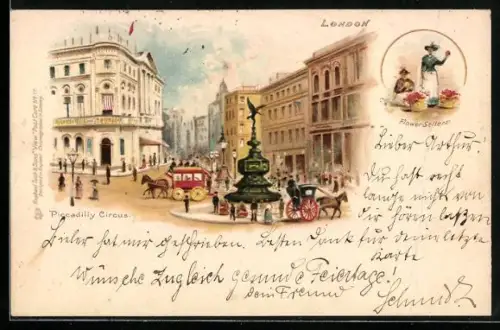 Lithographie London, Piccadilly Circus, Flower Sellers