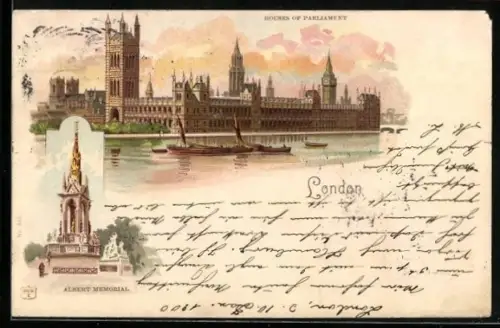 Lithographie London, Houses of Parliament, Albert Memorial
