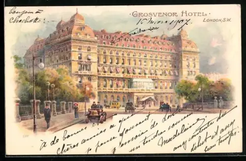 Lithographie London, Grosvenor Hotel und Automobile