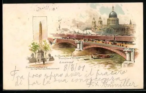 Lithographie London, Cleopatras Needle on the Thames Embankment, St. Pauls from Blackfriars Bridge um 1900