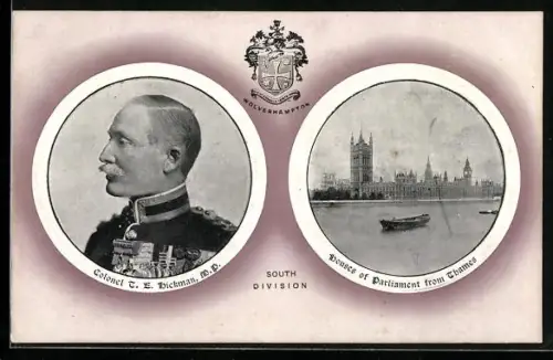 AK London, Houses of Parliament from Thames and Portrait of Colonel T. E. Hickman