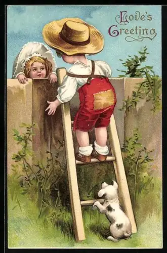 Lithographie Kleiner Kavalier mit Hündchen bei einer Eroberung am Gartenzaun