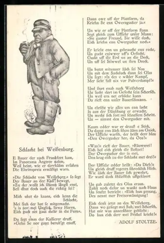 AK Gedicht von Adolf Stoltze Schlacht bei Weissenburg, Bauer mit Pfeife