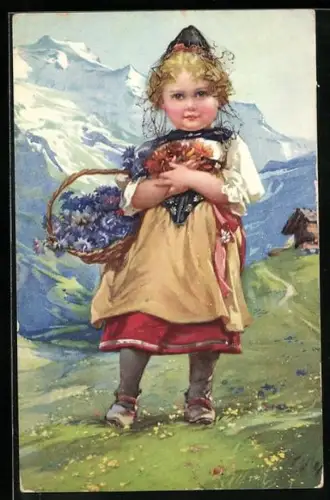 AK Kleine Schweizerin in Tracht auf Bergwiese