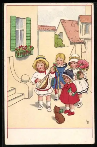 Künstler-AK Lia Döring: Kinder mit Lautengitarre vor dem Haus