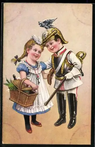 AK Kleiner Soldat und Mädchen mit Korb, Kinder Kriegspropaganda