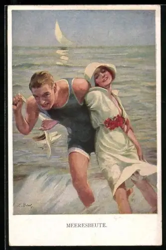 Künstler-AK M. Munk Nr. 1124: Meeresbeute, Schwimmer und junge Dame am Strand