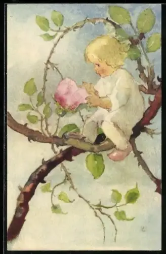Künstler-AK Milli Weber: Kind sitzt auf einem Zweig und betrachtet eine Rosenblüte