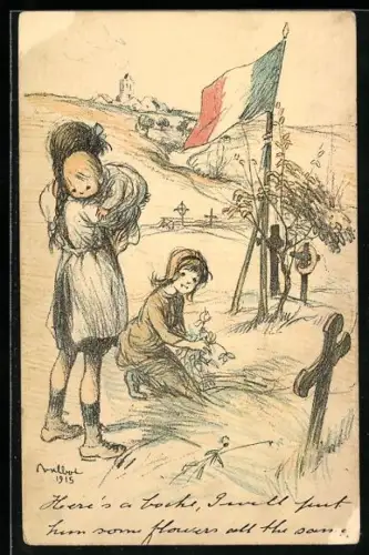 Künstler-AK Francisque Poulbot: Mädchen auf einem Friedhof