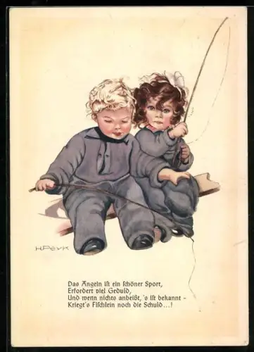 Künstler-AK Hilla Peyk: Kleinen Anglern fehlt die Geduld