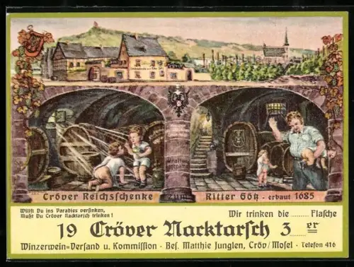 Künstler-AK Cröv-Mosel, Reichsschenke zum Ritter, Cröver Nacktarsch, Willst Du ins Paradies versinken...