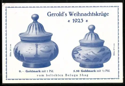 AK Gerold`s Weihnachtskrüge 1923, Tabakkrüge mit Beluga Shag, Mittelschnitt