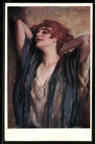 Künstler-AK Leopold Schmutzler: Rothaarige Frau in dünnem Gewand