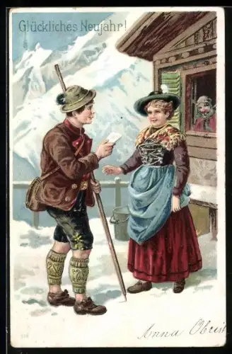 AK Postbote mit Brief für Frau, Neujahrsgruss