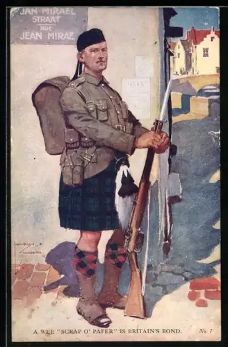 Künstler-AK Lawson Wood: A Wee Scarp o`Paper is Britain`s Bond, schottischer Soldat