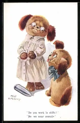 Künstler-AK A. E. Kennedy: Do you work in shifts?..., Scherz, Hunde mit Projektil