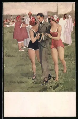 Künstler-AK Zwischen zwei Feuern, Damen in Bademode umringen einen Mann im Anzug