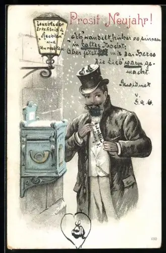 Lithographie Herr am Briefkasten im Winter
