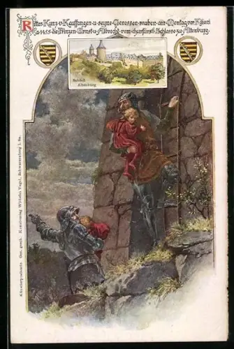 AK Altenburg / S.-A., Prinzenraub durch Ritter Kunz v. Kauffungen 1455, Ansicht vom Schloss, Wappen