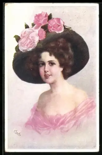 AK Mädchen im rosa Kleid trägt Hut mit Blumenverzierung