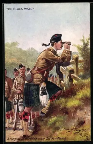 Künstler-AK Harry Payne: The Black Watch, A company in marching order, Reconnoitering, Soldat im Kilt mit Fernrohr